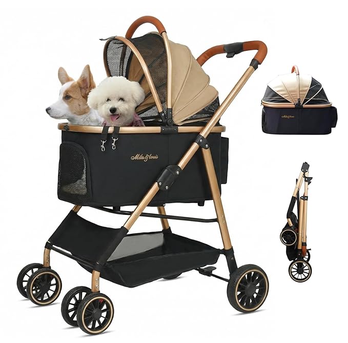 MILA&LOUIS Cat Stroller, 24" Pet Cradle, Lightweight & Stylish Dog and Pet Stroller for Medium and Small Pets, 55 Lbs Capacity with Cup Holder, Hook, Detachable Aluminum Cradle (Khaki)