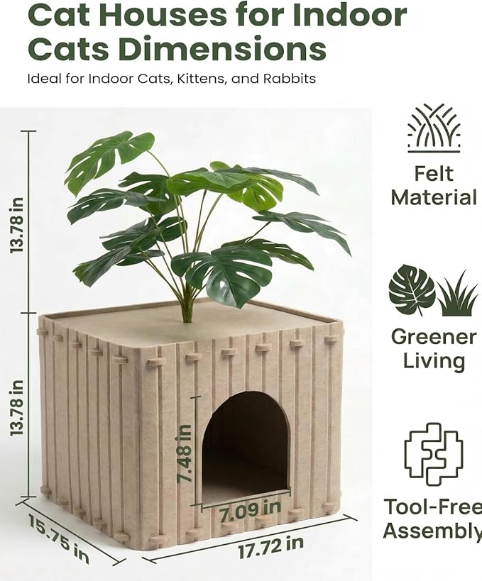 Cat Houses for Indoor Cats with Decorative Plants, Hidden Indoor Cat Bed Cave, Cozy Felt Design, Strong Scratch-Resistant Capacity, Hideaway Cat Condo, Ideal for Home Decor, Dark Camel