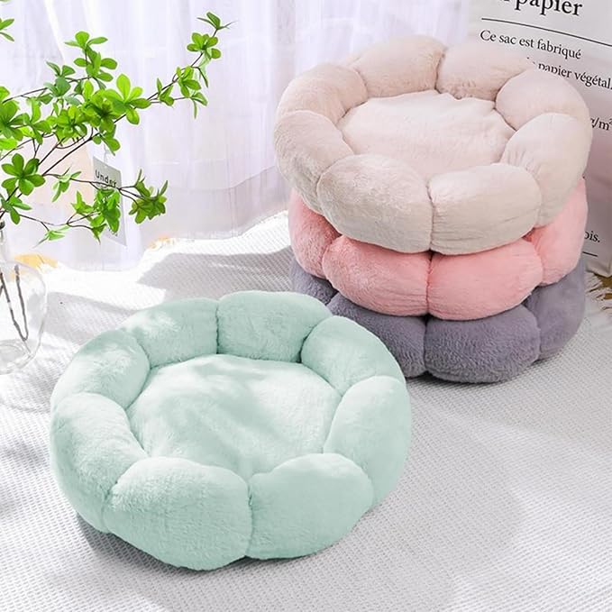 Plush Cat Beds for Indoor,Flower Shape Soft Pet Bed with Anti Slip Bottom,Donut 360 Degree Support Dog Bed for Bedroom Living Room (Grey)