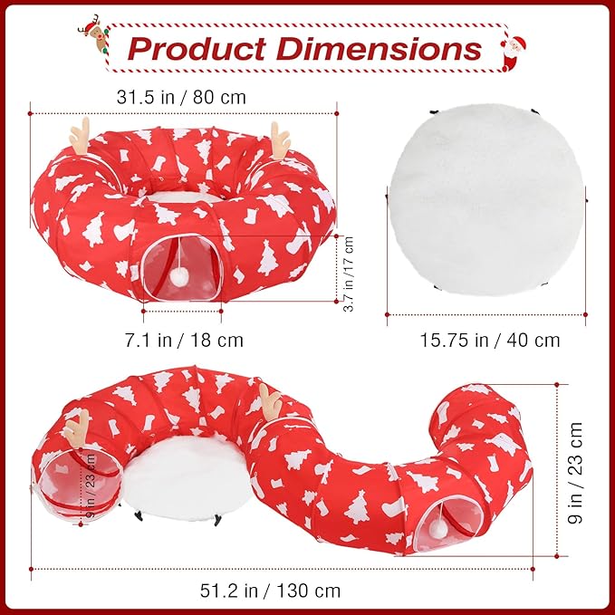 Cat Tunnel Bed Under Christmas Tree, 35' Xmas Peekaboo Cat Cave with Toy Balls and Circle Cushion. Multifunctional Playground Pet Toys Gifts for Kitty, Rabbit and Small Animals, Red + White