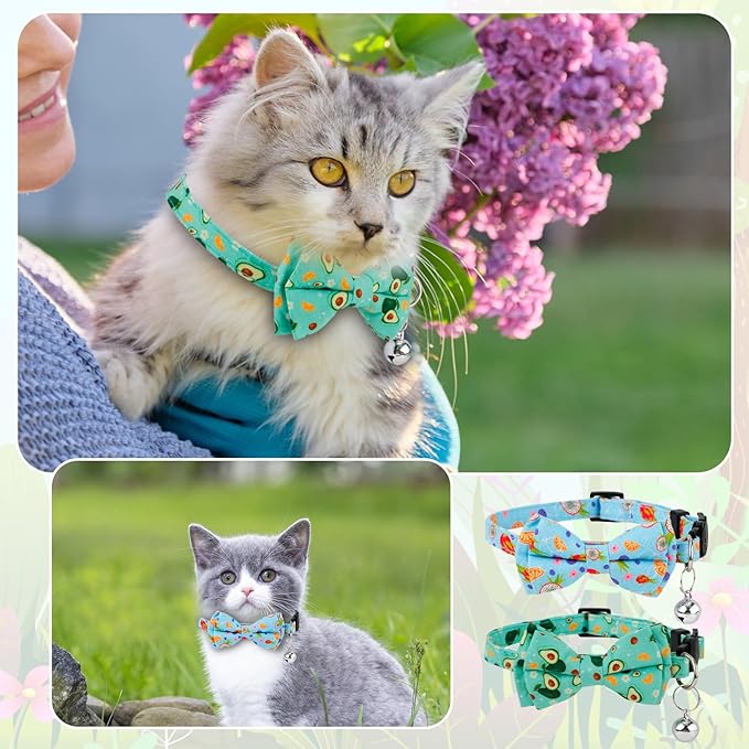 2pcs Summer Cat Collars, Cute Fruit Theme Cat Collar with Bowtie & Bell Adjustable Soft Cat Bow Tie Collar with Dragon Fruit Avocado Pattern for Girls Boys Kitten (Blue, Green)