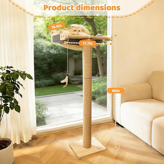 Cat Window Perch Hammock with 3-Piece Detachable Sisal Scratching Posts, Gray Fluffy Cusion, Drill-Free Suction Cup Mount, Multi-Level Climbing Perch for Bird Watching, 45 LBS Capacity