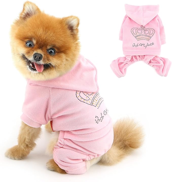 Girl Dog Clothes for Small Dogs Cute Doggie Outfits Rhinestone Crown Stretchy Puppy Pajamas Soft Velvet Hoodie 4 Legged Jumpsuit Lightweight Pet Tracksuit Cat Apparel Leash Hole