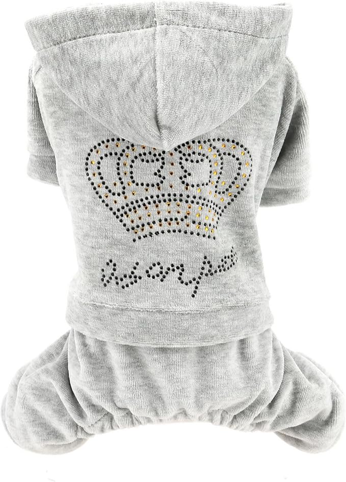 SMALLLEE_LUCKY_STORE Dog Hoodies for Small Dog Girls Rhinestone Crown Doggie Outfits Puppy Pajamas with Leash Hole Stretchy Soft Velvet Clothes 4 Legged Jumpsuit Pet Tracksuit Cat Apparel
