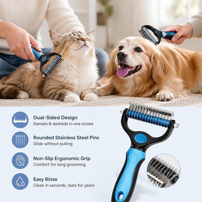 Vivanchor Pet Pro, Dual-Sided Pet Pro Grooming Tool, Cat Brush Rake and Long Haired Dog Brushes, Pets Knotter Dogs and Cats for Grooming Hair Pets Tools (Blue+Rose red A, 2PCS)