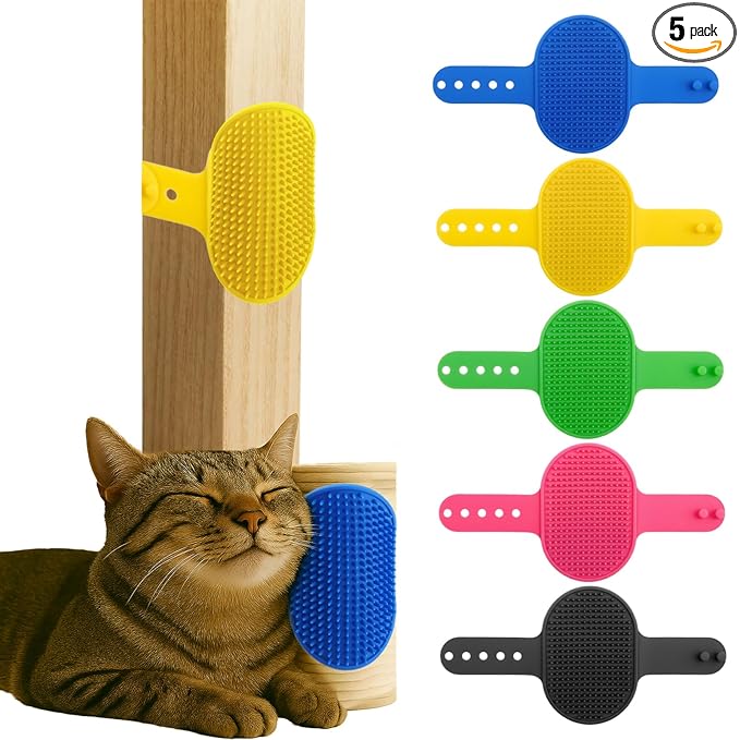 5PCS Pet Cat Grooming Brush, Adjustable Silicone Grooming Brush, Cat Self-service Scratcher, Silicone Grooming Belt Pad, Suitable For Cats (Self-service And Handheld)