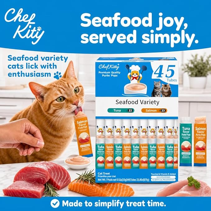 Cat Treats Lickable | Grain-Free Tuna & Salmon Cat Treats | Creamy Puree Squeeze Ups with Vitamin E & Taurine, Digestible Formula | 0.5 oz. Each Tube, Seafood Mix Variety | 45 Tubes