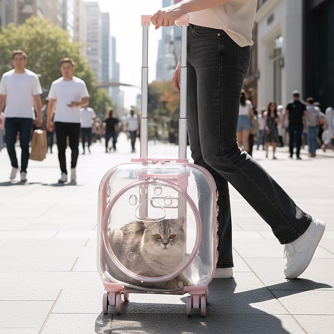 Portable Pet Carrier Trolley Box - Ventilated PC Travel Carrier with Silent Shock-Absorbing Wheels, Telescopic Handle for Cats, Small Dogs, Puppies - Outdoor Hiking, Camping, Car & Airline A
