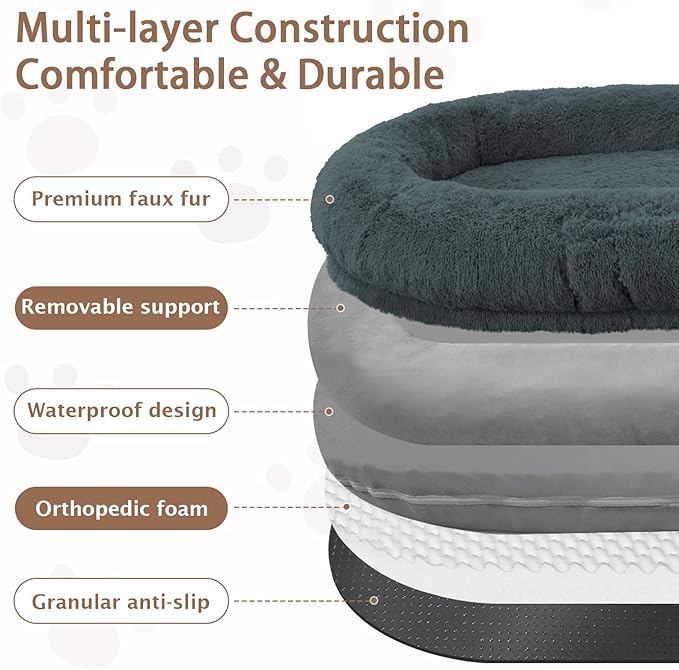 ROOMTEC Human Dog Bed, 71''x45''x12'' Size Fits Adult and Pet Washable Giant People Bed 10 CM Thick Memory Foam Large Oversize Pet Bed with Plump Pillow, Blanket, Strap - Darkgrey