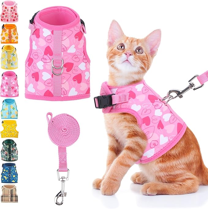 BINGPET Cat Harness and Leash Set Escape Proof for Walking,Step-in Harness with Lightweight Soft Breathable Mesh,Adjustable Easy Control Harness for Kitten Puppy Small Medium Large Cats(Heart,M)