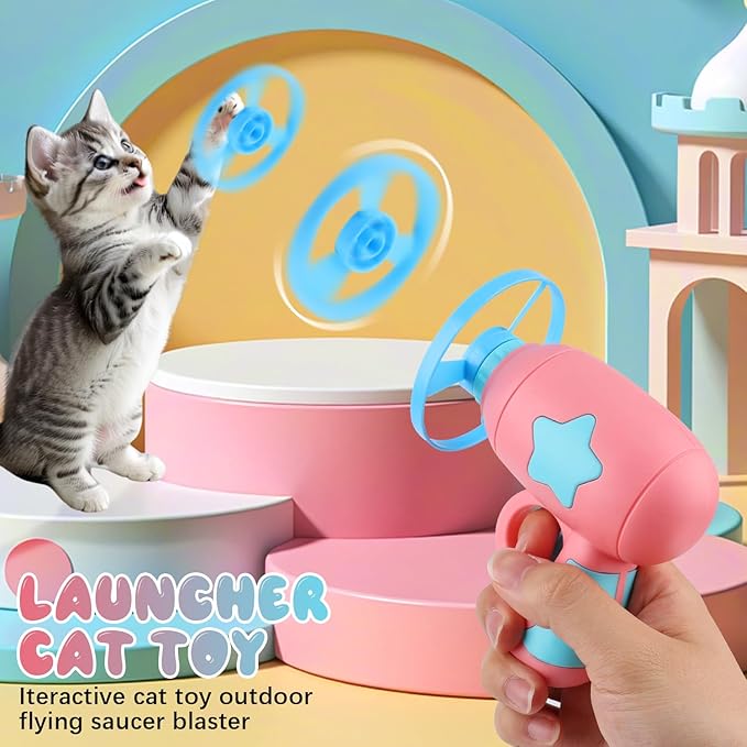 2pcs Bamboo Dragonfly Catapult Launcher, Cat Chase Fetch Toy with 6 Flying Spinners, Cat Toy Propeller Launcher for Training & Hunting, Cat & Kitten Toy with Colorful Flying Propellers (Yellow+Blue)