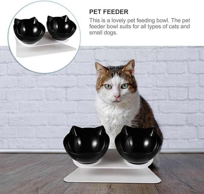 Elevated Tilted Cat Food Feeder Bowls Set, Black Plastic Raised Pet Feeding and Watering Bowls for Cats, Neck Protection Design for Comfortable Eating