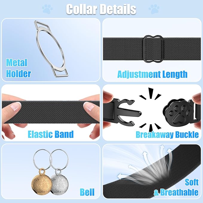 AirTag Cat Collar, Breakaway Air Tag Cat Tracker Collar with Integrated Airtag Holder Compatible with Apple Air Tag, Ultra Elastic & Comfortable Pet Tracking Collars for Cats Kittens (Black)