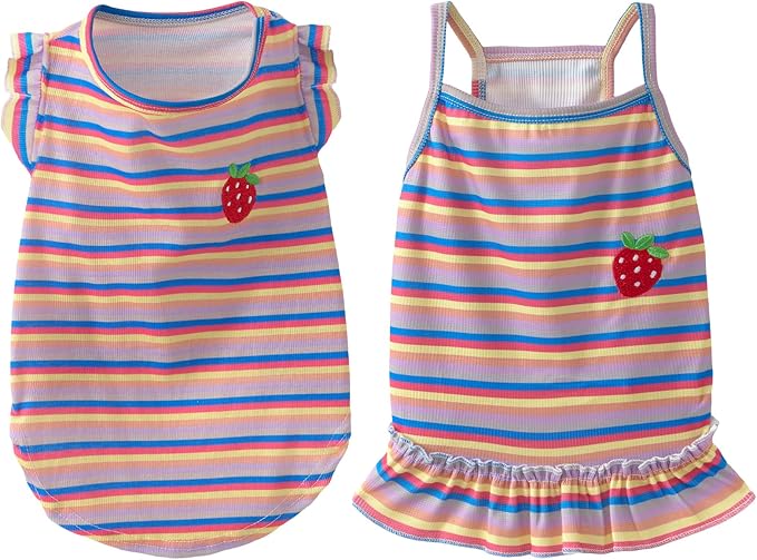 Dog Dress Clothes Puppy Birthday Outfit Pet T-Shirt Cut Rainbow Striped Summer Skirt Dresses for Small Medium Dogs Cats