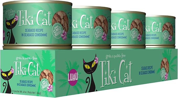 Tiki Cat Luau Shredded Meat, Seabass Recipe in Seabass Consumme, Grain-Free Balanced Nutrition Wet Canned Cat Food, For All Life Stages, 6 oz. Can (8 Count)