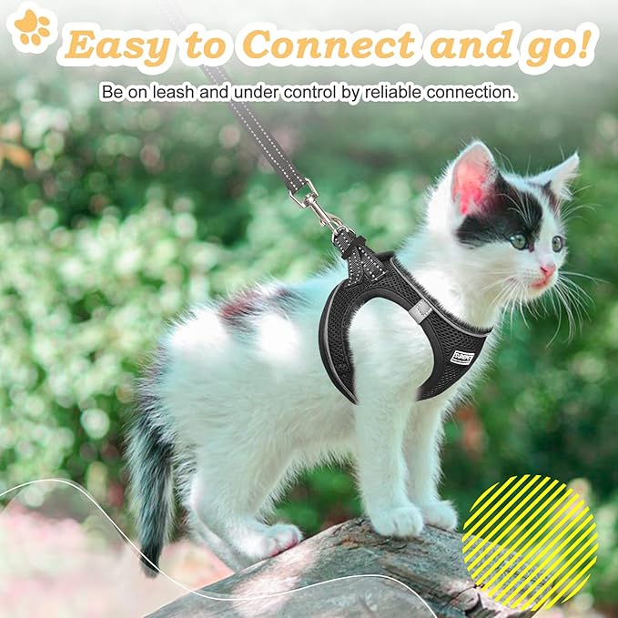 Cat Harness and Leash Escape Proof,Adjustable Soft Mesh Kitten Vest Harness for Walking Reflective Pet Harness for Cat Small Dogs Puppy (Black, XXS)