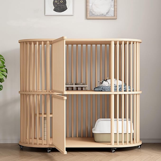 Wooden Cat House, 2 Tier Large Indoor Cat Bed with Scratching Posts, Modern Cat Cage with 6 Wheels, Multi-Level Cozy Pet Furniture for Homes, Pet Stores, Catteries,Balconies