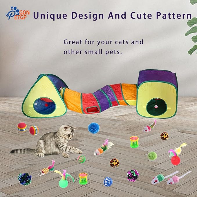 GONPETGP Cat Toys for Indoor Cats, Kitten Toys Set, Collapsible Pet Tunnel Cube Tent Toys, Interactive Cat Feather Teaser Wand Cat Bell Balls Fuzzy Ball Springs Mouse Toys (Rainbow)