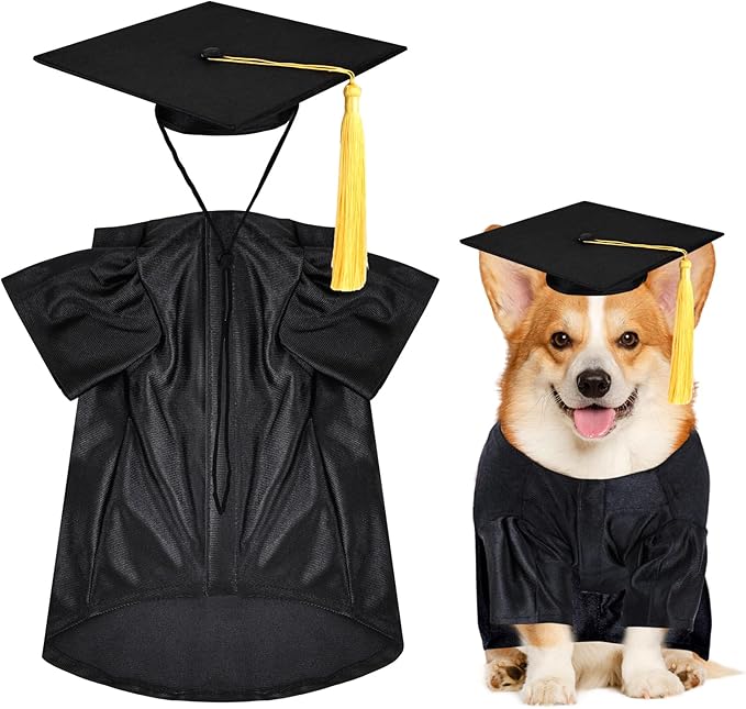 Dog Graduation Cap and Gown, Dogs Cats Graduation Holiday Halloween Costume Accessory(Black,Small)