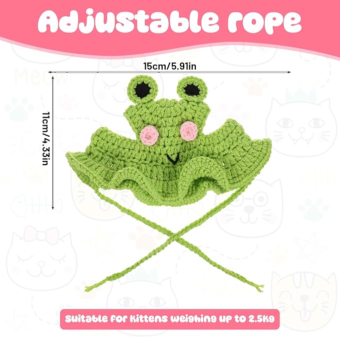 Piriuuo Frog Cat Hat, Cotton & Soft Cute Knitted Hats for Cats Frog Crochet Cat Hats for Cats Only Cute Puppy Hat for Small Pets on Christmas Birthday Party Halloween (Green, S)