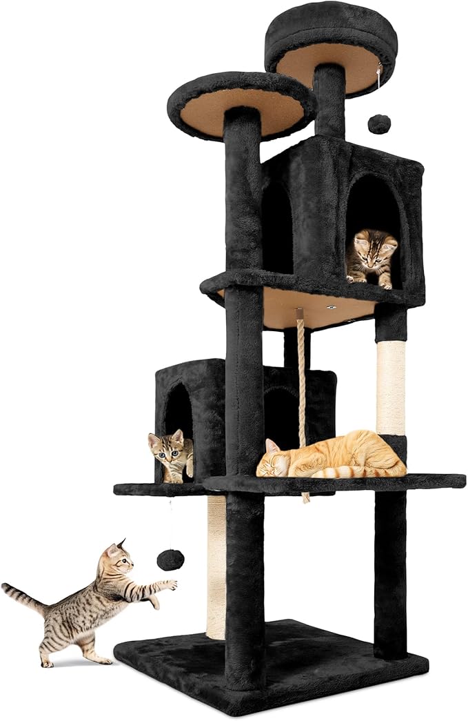 58.5inch Large Cat Tree Tower Condo for Indoor Cats, Soft Plush Multi-Level Climbing Tree Cat House with Cat Cave, Scratching Post, More Entrance/Exit, Sisal Rope, Night Black