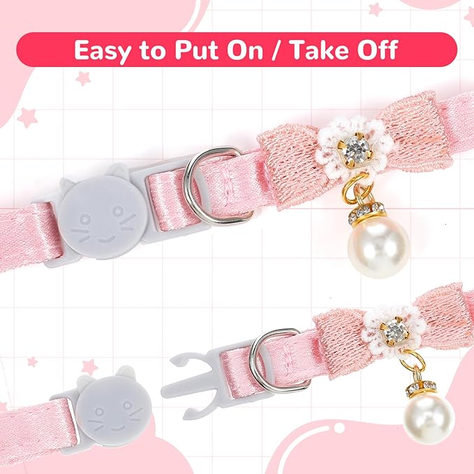 cobee 2 Pcs Breakaway Cat Collar, Adorable Cat Collar with Bowtie Bell Adjustable Kitten Collars Pink Cats Collars Breakaway SafetyCollar for Girl Cats