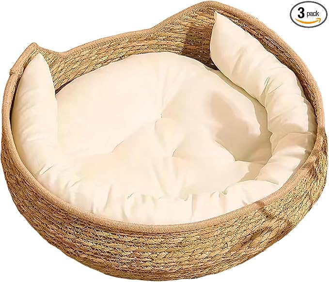 Cat Bed Basket - Handmade Wicker Nest Cradle, Round Pet Sleeping Bowl, Cute Lounge Basket | Washable Cushion Bed for Kitten Puppy Small Medium Dog Cats All Breeds Indoor Animal Furniture