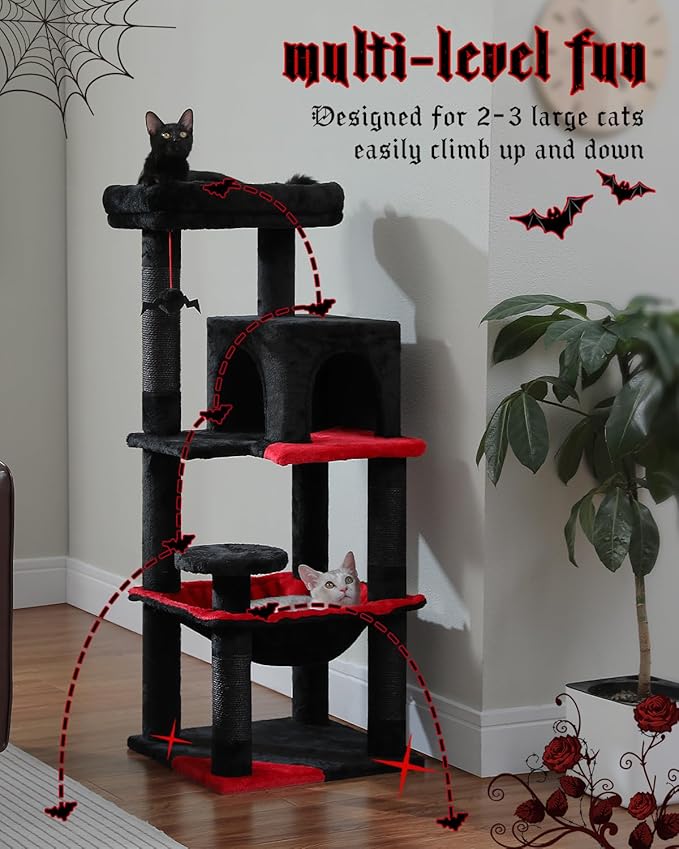 MUTTROS Gothic Cat Tree with Super Large Hammock, 45.7" Black Cat Tower with Coffin Bed, Cat Condo, Sisal Scratching Posts & Top Perch, Multi-Level Goth Cat Tree, Halloween, Black