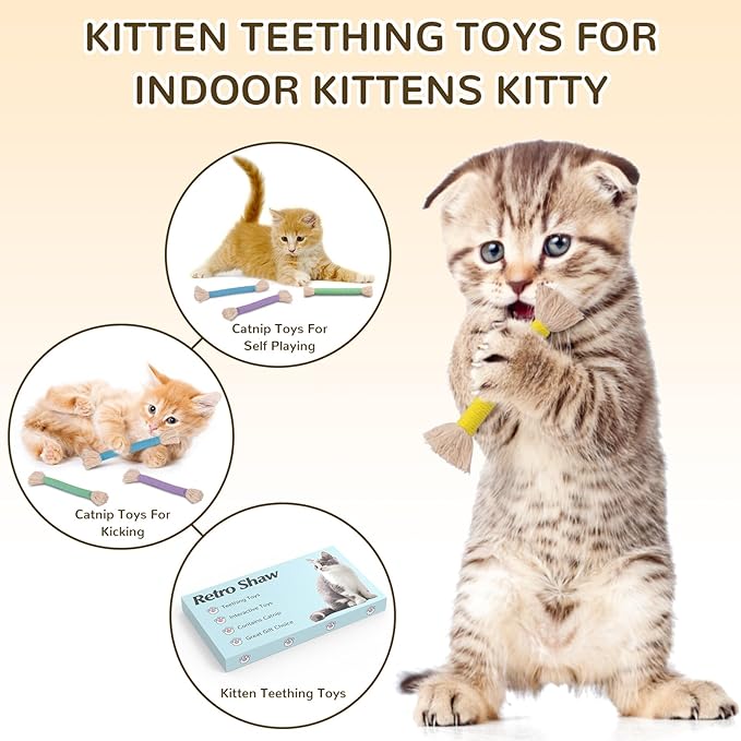 Retro Shaw Cat Toys Chew Ropes with Catnip, 6 Pack, Safe Teeth Cleaning Kitten Toys for Indoor Cats Kitty, Cat Nip Kicker Interactive Pet Toys 6.1 Inches