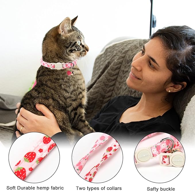 2 Pack Pink Strawberry Cat Collars Breakaway with Bell, DOGWONG Safety Buckle Peach Cat Collar for Girl Boy Cats and Small Dogs，Adjustable 7-12 Inch,Pet Supplies Accessories