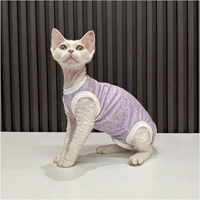 Hairless Cat Clothes, Sphynx Cat Clothes, Sphynx Cat Clothes Summer Cotton T-Shirts Cute Animal Four Leg Jumpsuit Pullover Vest Round Collar Kitten Shirts Sleeveless Cat Apparel(Purple Rabbit,M)