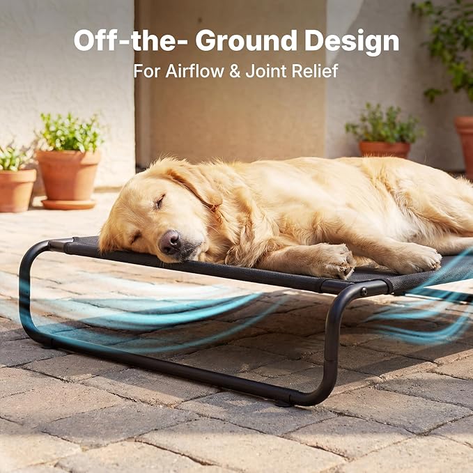Veehoo Cooling Elevated Dog Bed, Outdoor Dog Bed for Large Dogs, Raised Dog Cot with Thickened Frame, Durable Teslin Mesh & Anti-Slip Rubber Feet, Pet Hammock for Indoor or Camping, 53" x 33", Black