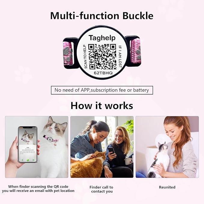 2PCS Breakaway Cat Collars AirTag Holder with Bell Cute Star &Moon Safe Kitten Collars with Pendant Glow in The Dark,Cat Collar with Smart ID tag & QR Code Reflective for GPS Boy Girl Cats (Pink)