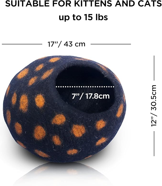 Woolygon Premium Felt Cat Cave Bed – Wool Kitty Beds Handcrafted Kitten Caves Bed for Indoor Cats - Made from Merino Wool, Foldable Cat Hideaway Covered Cat House Pod (Black Polka)