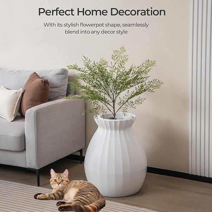 Giantex Cat Litter Box Plant - Hidden Litter Box Furniture with Electronic Odor Removal System, Detachable Door Curtain, Scoop, Cat Litter Box Enclosure Planter Home Decor, Easy to Clean (White)