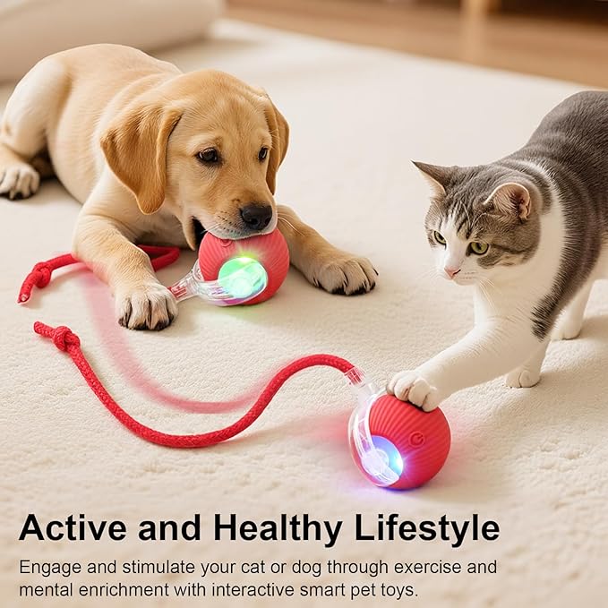 Smart Interactive Automatic Electric Rolling Moving Rechargeable Motion Activated Self Solo Play Electronic Stimulation Chase Teaser Ball Toy with Rope for Indoor Bored Adult Cat and Dog, Yellow