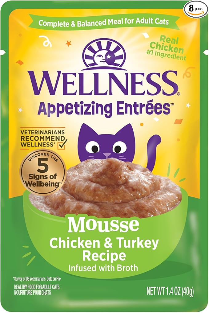 Wellness Appetizing Entrées Mousse Adult Wet Cat Food, Natural, Protein Rich, Grain Free, Chicken and Turkey Recipe, 1.4 oz, Pack of 8 Pouches
