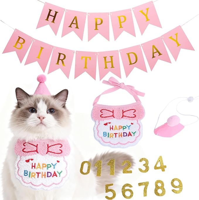 Lasflores Pink Girl Cat Birthday Supplies Set - Kitten Hat, Number Decor & Happy Birthday Banner Outfits