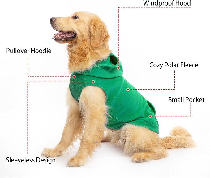 EXPAWLORER Dog Hoodie Fleece Sweater Vest, Hooded Dog Sweatshirt Fall Winter Pet Clothes with Leash Hole, Sleeveless Warm Cozy Puppy Clothing for Cat Small Medium Large Dogs Girl Boy, Green XXL