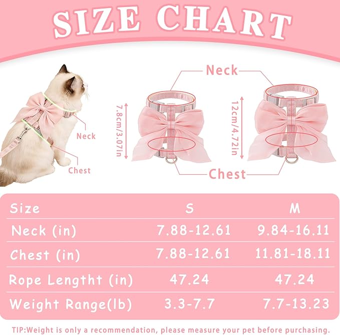 Tensho Pink Bow Cat Harness and Leash Set Escape Proof, Adjustable Kitten Harness with Leash, Bow Tie Cat Harness for Walking Outdoor - Soft Lightweight Harness for Small Dogs Cats Rabbits (M)