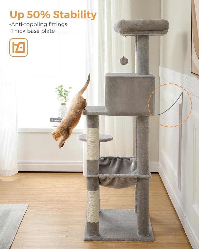 MUTTROS Cat Tree for Large Cats Adult with Metal Plush Big Hammock, 56.3" Cat Tower with 2 Door Condo House, 6-Tier Cat Shelves with Scratching Posts and Large Top Perch, Gray