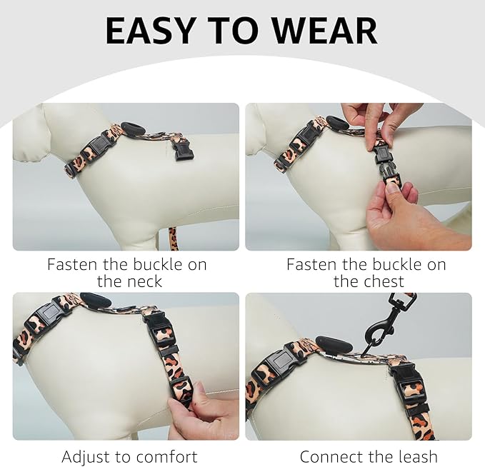 SCENEREAL Adjustable Cat Harness and Leash Set with AirTag Holder, Escape-Proof Design for Small to Large Cats, Lightweight Soft Travel Harness, Khaki Leopard