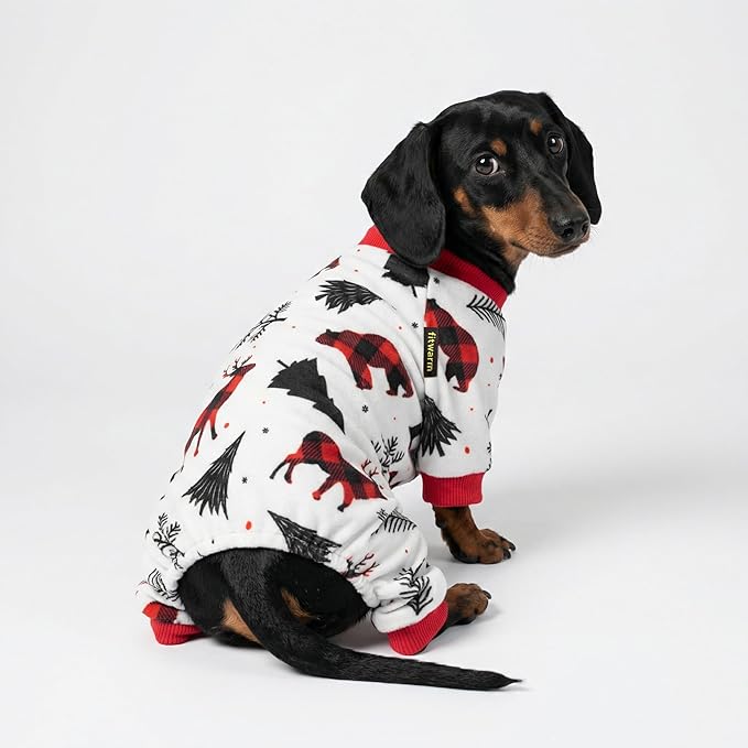 Fitwarm Reindeer Dog Christmas Pajamas, Winter Doggy Clothes for Small Dogs Boy Girl, Fleece Dog Onesie with Feet, Holiday Pet Outfit, Black, White, Red, XS