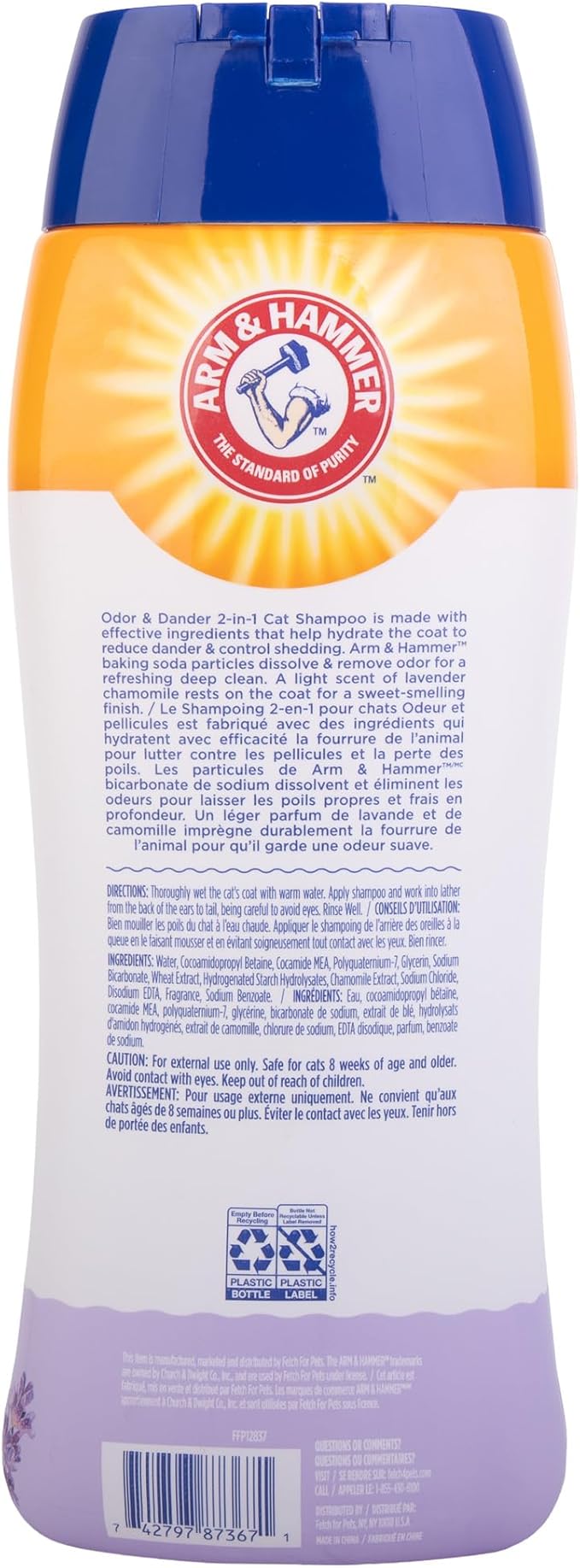 Arm & Hammer 2-in-1 Deodorizing & Dander Reducing Shampoo for Cats, Baking Soda Cat Shampoo for Dander, Odor Control and Coat Cleaning, Lavender Chamomile Scent, 20 Fl Oz