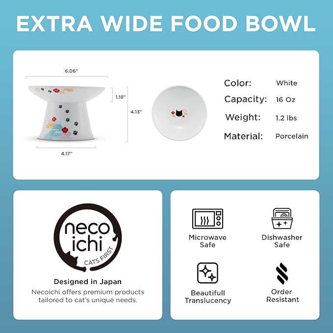 Necoichi Raised Cat Food Bowl – Ceramic Elevated Cat Bowl for Whisker & Neck Fatigue, Dishwasher Microwave Safe – Non-Slip & Anti Vomiting Ergonomic Design (Fuji, Extra Wide, 2-Cups Capacity).