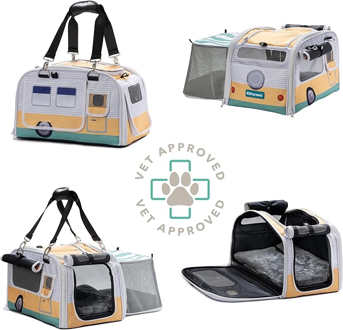 Kittyrama Soft-Sided Airline Approved Cat Carrier with Expandable Hideaway | Escape-Proof SBS Self-Locking Zippers | 22 lb Capacity | Vet Approved | Top & Side Entry | 17×11×11 in