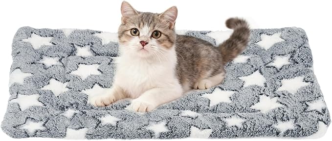 Dog Cat Bed Mat, Soft Coral Fleece Pet Cushion Pad with Cute Star Print, Warm Washable Pet Bed 21x14 Inches, (Gray White), Intended for Medium Small Dog Cat