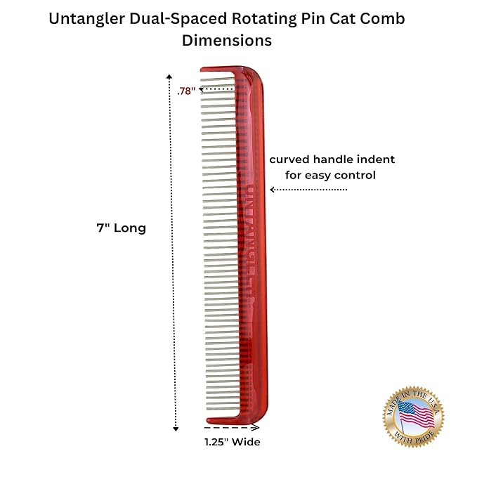 Cat Comb, 7 inch, Ferrari Red - Silky Smooth Rotating Teeth for Gently Detangling Matted Cat Hair, Stainless Steel, Made in USA, Vet Recommended