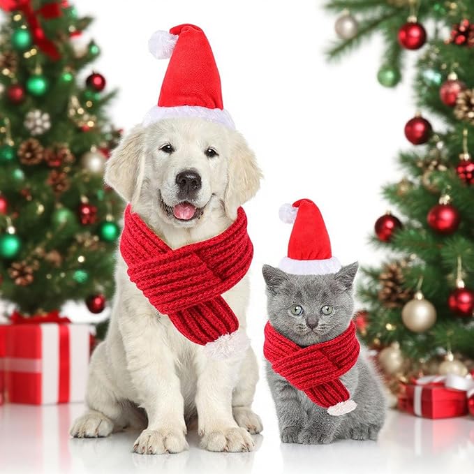 QKURT Pet Christmas Hat and Scarf Set, Dog 3D Santa Hat Adjustable Knitted Scarf Holiday Outfit Costumes for Small Medium Large Dogs Cats Pets