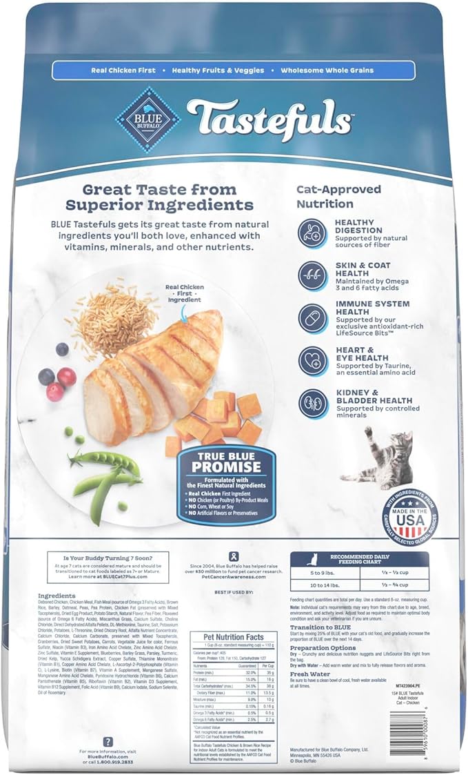 Blue Buffalo Tastefuls Natural Dry Food for Adult Indoor Cats, Chicken & Brown Rice Recipe, 15-lb Bag